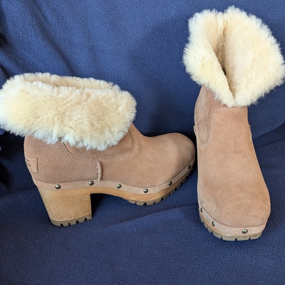 UGG Shoes - UGG THEBES WOMEN HIGH HEELS CLOG SUEDE CUFF SHEEPSKIN CHESTNUT SIZE 6 WOMEN Shoe